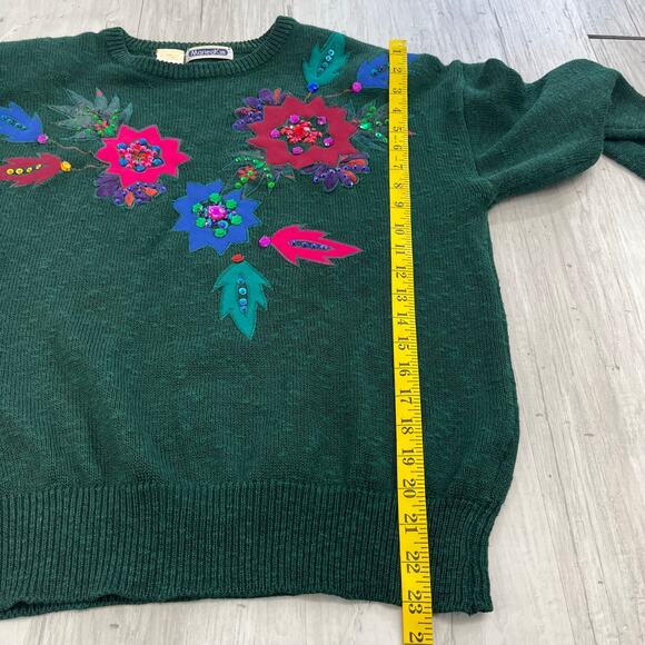 Vintage Mariea Kim Green Floral Holiday Ugly Sparkle Knit Long Sleeve Sweater - Picture 8 of 8